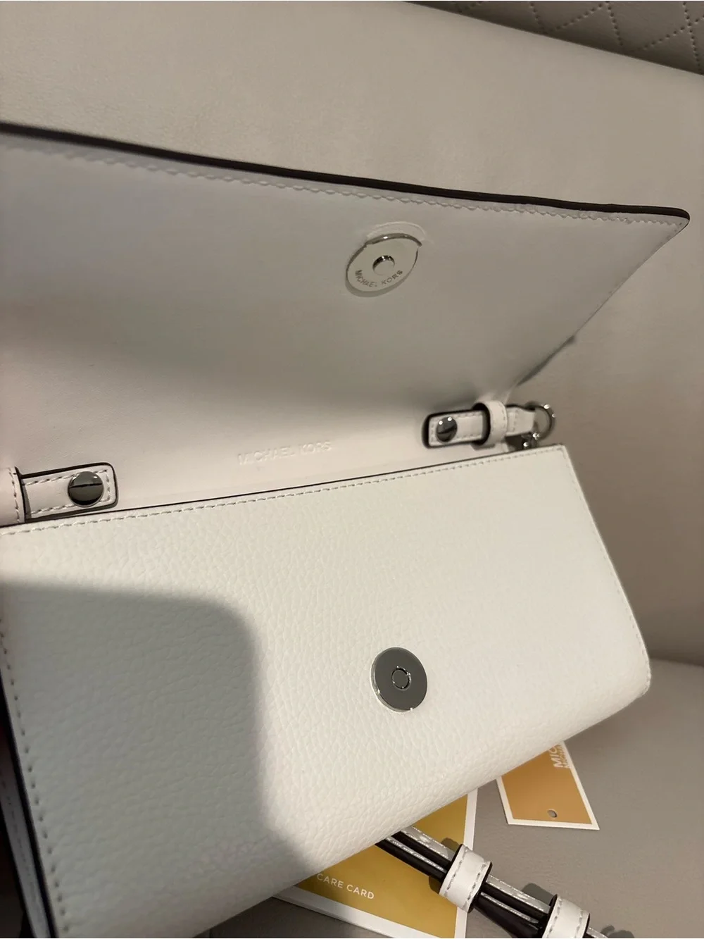 MICHAEL Michael Kors Optic White Leather Crossbody Clutch with Silver Chain